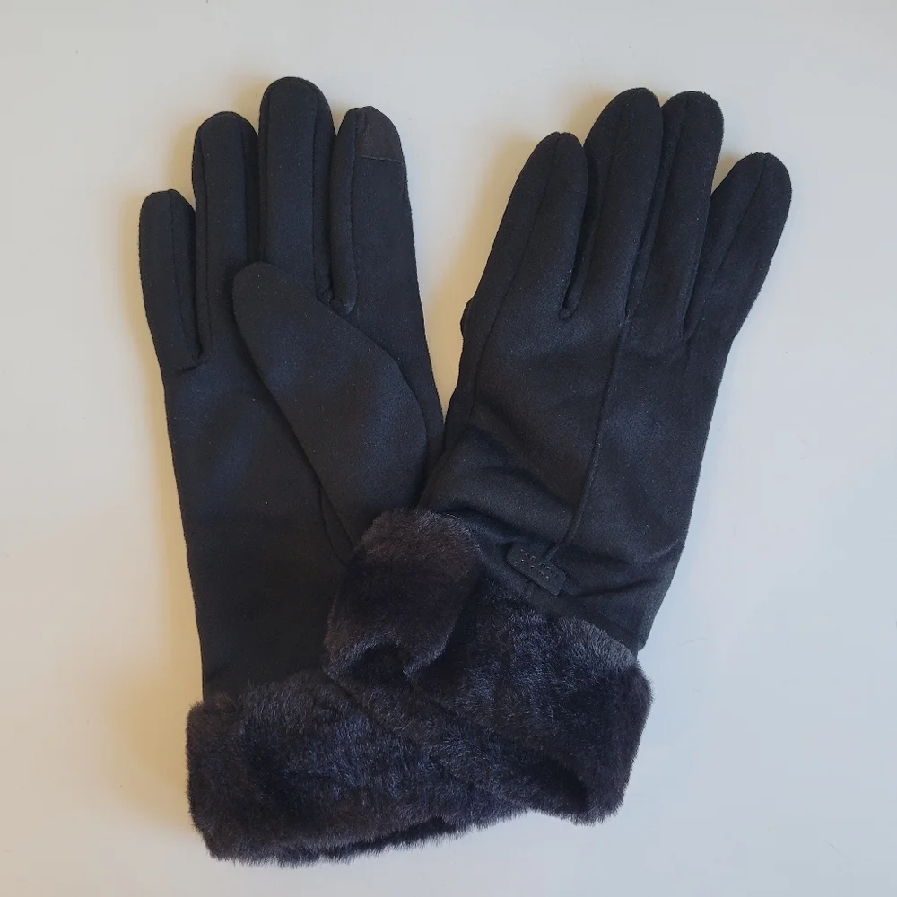 Black Furry Super Soft Gloves W Touchscreen Finger Womens